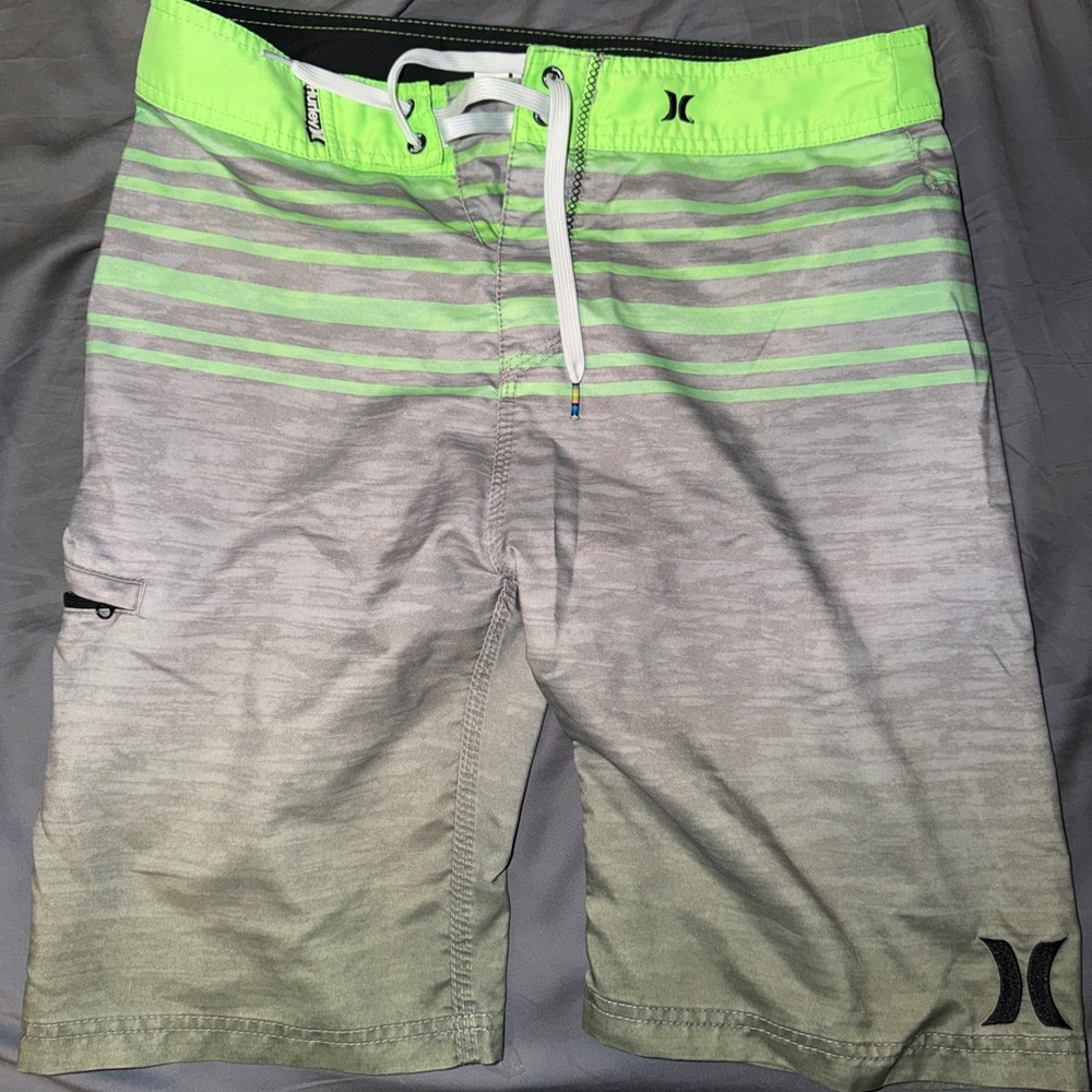 Hurley Men's Neon Green and Gray Striped Board Shorts